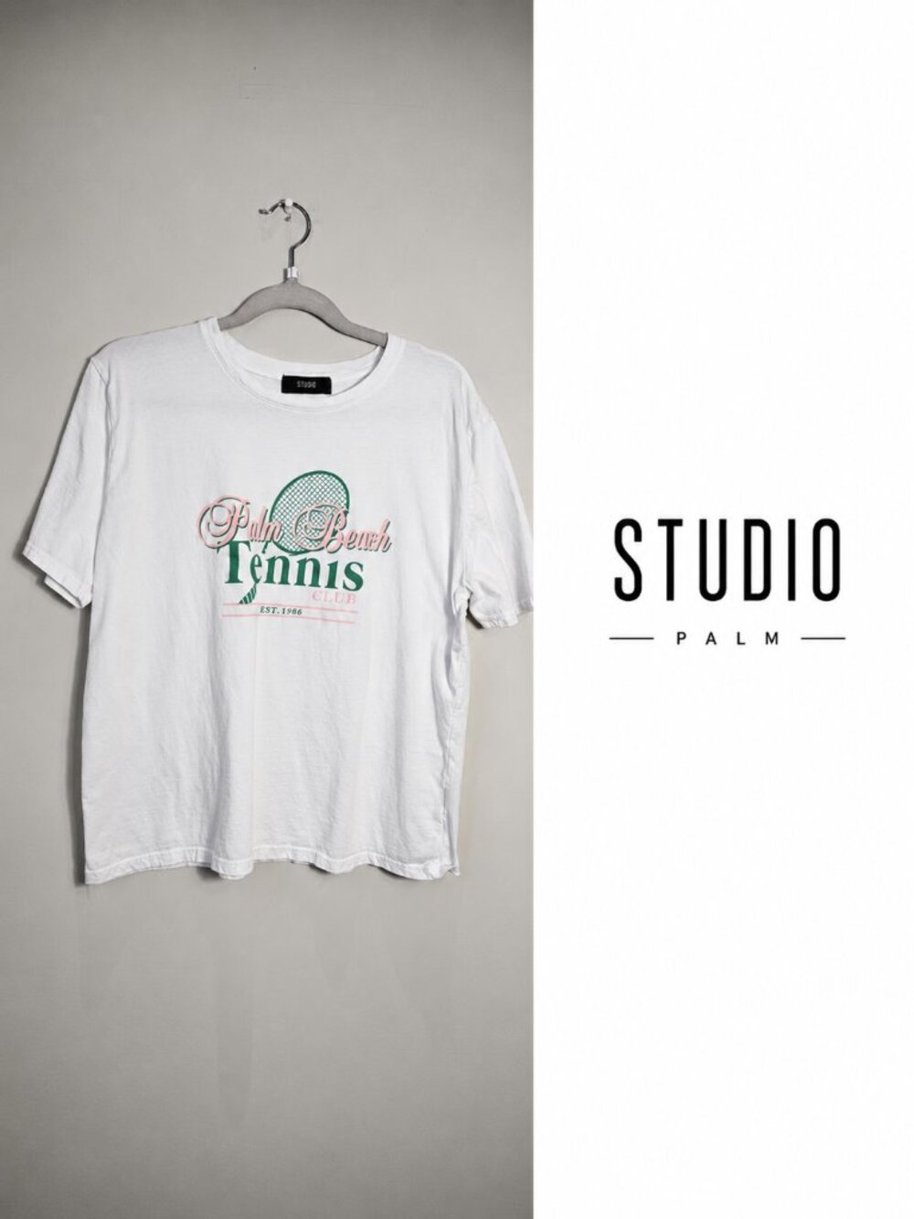 Studio Palm Beach Tennis Club Graphic T-Shirt White Short Sleeve Tee Women's Lar